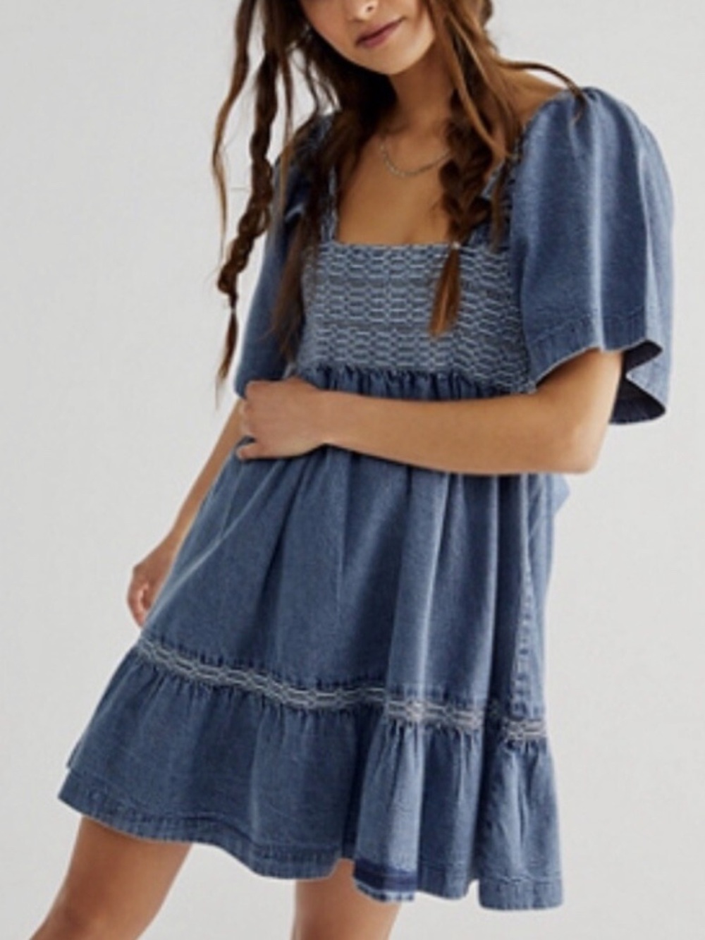 Free People Blue Denim Smocked Mini Dress